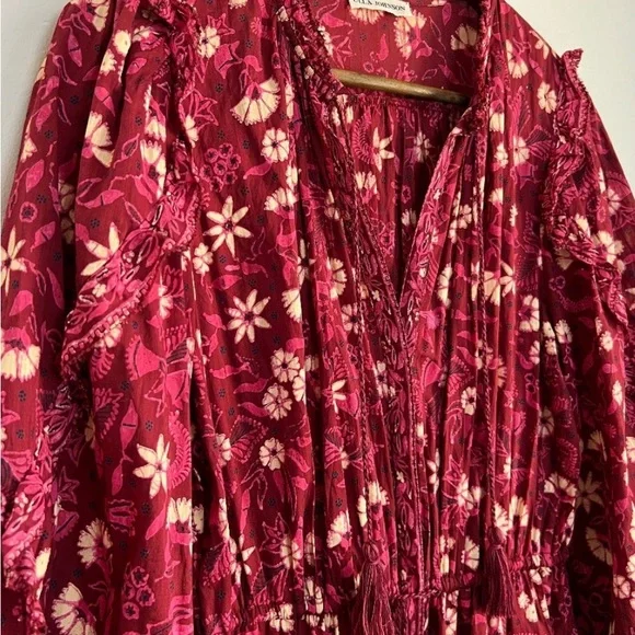 ULLA JOHNSON Delphine Burgundy Long Balloon Sleeves Floral